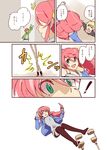  1boy 1girl blonde_hair blue_eyes comic green_eyes jaune_arc long_hair meteoride ponytail pyrrha_nikos red_hair rwby short_hair stilts thighhighs translation_request 