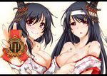  beige_background black_hair blush breasts cleavage collarbone detached_sleeves dirty dirty_clothes dirty_face doyagao floral_print fusou_(kantai_collection) gradient gradient_background hair_ornament headband holding kantai_collection kuon_(nokokopopo) large_breasts letterboxed long_hair looking_at_viewer medal messy_hair multiple_girls nontraditional_miko off_shoulder open_mouth red_eyes remodel_(kantai_collection) short_hair smile torn_clothes upper_body yamashiro_(kantai_collection) 