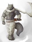  abs anthro biceps canine cinna-tree clothed clothing fur half-dressed male mammal muscles ninja pants pecs scar scarf sword topless weapon wolf wristband 