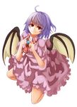  ahoge ascot bat_wings brooch highres index_finger_raised jewelry kneeling lavender_hair looking_at_viewer no_hat no_headwear red_eyes remilia_scarlet short_hair short_sleeves simple_background skirt skirt_set smile solo touhou white_background wings yamada_denki 