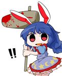  1girl ambiguous_red_liquid animal_ears blue_hair blue_skirt bunny_ears byourou chibi crescent dress kine mallet ponytail red_eyes seiran_(touhou) short_hair skirt smile solo stain star touhou weapon 
