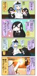  4koma :d anger_vein battleship_hime battleship_water_oni black_dress black_hair blue_hair chibi comic commentary_request dress female_admiral_(kantai_collection) gloves hat heart_cutout highres horn kantai_collection long_hair military military_uniform multiple_girls on_head open_mouth peaked_cap person_on_head puchimasu! red_eyes shinkaisei-kan smile sunset sweat translated uniform waving wavy_mouth white_gloves yuureidoushi_(yuurei6214) 