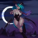  &lt;3 2014 anthro anthrofied big_breasts breasts cleavage clothed clothing cloud costume darkstalkers equine female flying friendship_is_magic hair hair_over_eye halloween holidays horn kevinsano long_hair looking_at_viewer mammal membranous_wings moon morrigan_aensland my_little_pony outside princess_celestia_(mlp) sky socks solo spikes thick_thighs video_games voluptuous wide_hips winged_unicorn wings 