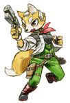  belt boots breasts brown_eyes fingerless_gloves fox fox_mccloud furry genderswap gloves gun handgun headset jacket nintendo open_mouth scarf simple_background solo star_fox tail weapon zenimaki 