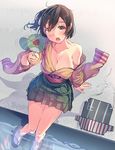  bare_shoulders blush breasts brown_eyes brown_hair cleavage daito fan hiryuu_(kantai_collection) japanese_clothes kantai_collection large_breasts off_shoulder one_side_up open_mouth paper_fan pleated_skirt short_hair sitting skirt solo sweat uchiwa 