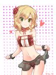  1girl blonde_hair green_eyes hairband idolmaster idolmaster_cinderella_girls looking_at_viewer midriff panties paopao sakurai_momoka see-through short_hair skirt_hold smile solo underwear 