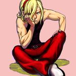  ash_crimson belt black_nails blonde_hair blue_eyes boots chin_rest freckles full_body gorgeo hair_over_one_eye hairband male_focus muscle nail_polish nose pants red_pants sitting solo tank_top the_king_of_fighters 