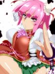  bad_id bad_pixiv_id bandages clenched_hand cuffs double_bun fighting_stance hyudora ibaraki_kasen pink_eyes pink_hair pose rubble shackles solo tabard touhou 