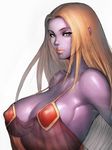  bare_shoulders blonde_hair breasts fumio_(rsqkr) gen_1_pokemon green_eyes humanization jynx large_breasts lips pokemon purple_skin simple_background solo white_background 