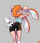  ass ass_grab bike_shorts blooper breasts cowboy_shot crossover from_behind highres inkling jesus_avalos long_hair mario_(series) mask nintendo orange_eyes orange_hair pointy_ears skin_tight small_breasts socks solo_focus splatoon_(series) splatoon_1 squid super_mario_bros. tank_top tentacle_hair wristband 