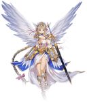  blonde_hair blue_eyes breasts fantasica long_hair medium_breasts ribbon scabbard sheath sword very_long_hair weapon wings 