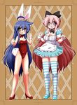  :d ahoge alice_(wonderland) alice_(wonderland)_(cosplay) alice_in_wonderland blue_hair blush bow breasts bunny_tail bunnysuit cleavage cosplay covered_navel dress glasses green_eyes hair_bow highres izumi_konata large_breasts long_hair looking_at_viewer lucky_star mizushima_(p201112) mole mole_under_eye multiple_girls open_mouth pink_hair purple_eyes small_breasts smile striped striped_legwear tail takara_miyuki thighhighs trim_marks very_long_hair 