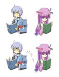  1girl ahoge blue_bow blue_ribbon book bow choker crescent crescent_hair_ornament dress eyebrows eyebrows_visible_through_hair frilled_dress frilled_sleeves frills glasses hair_bow hair_ornament hair_ribbon hat hat_ribbon long_hair long_sleeves morichika_rinnosuke open_book pajamas patchouli_knowledge purple_eyes purple_hair reading red_bow red_ribbon ribbon sayama_yoshiki short_hair touhou turning_page very_long_hair 