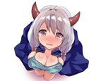  bad_id bad_pixiv_id blush breasts camieux cape cleavage draph from_above granblue_fantasy horns large_breasts looking_at_viewer low_twintails purple_eyes shiroie_mika silver_hair solo tears twintails wavy_mouth 