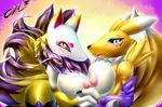  anthro areola blush breasts canine claws close-up clothing crossover digimon female female/female fox fur gloves hand_holding kyuubi_(youkai_watch) looking_at_viewer mammal nipples nude open_mouth renamon sharp_claws sharp_teeth smile tailzkim teeth tongue youkai_watch 