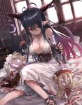  :/ antenna_hair bandages bangs bare_shoulders barrel bed black_gloves black_hair blood bloody_clothes bloody_dress blush breasts candle candlestand cleavage clenched_hands corset crescent danua draph dress fingerless_gloves fringe_trim gloves glowing glowing_eyes glowing_mouth granblue_fantasy gretel_(granblue_fantasy) hair_between_eyes hansel_(granblue_fantasy) highres horn_ornament horns indoors jewelry large_breasts long_hair looking_at_viewer necklace no_socks on_bed pendant pointy_ears red_eyes shirabi sitting sleeveless sleeveless_dress solo spaghetti_strap stuffed_toy white_dress window 