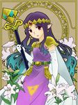  art_nouveau cape earrings elbow_gloves flower forehead_jewel gloves jewelry lily_(flower) long_hair making_of pointy_ears princess_hilda purple_hair red_eyes shoulder_pads solo somari staff the_legend_of_zelda the_legend_of_zelda:_a_link_between_worlds tiara triforce white_gloves 