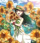  1girl blush cloud cloudy_sky cowboy_shot day dress field flower flower_field getsuyoubi green_eyes green_hair hat hat_ribbon highres hiyajou_maho lens_flare long_hair looking_at_viewer open_mouth ribbon scrunchie sky smile solo steins;gate steins;gate_0 straw_hat sunflower thick_eyebrows white_dress wrist_scrunchie 