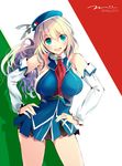  adapted_costume alternate_costume atago_(kantai_collection) blonde_hair blue_eyes breasts cosplay cowboy_shot dated detached_sleeves dress flag_background hands_on_hips hat highres italian_flag kantai_collection large_breasts littorio_(kantai_collection) littorio_(kantai_collection)_(cosplay) long_hair looking_at_viewer miniskirt open_mouth skirt smile solo striped striped_background tebi_(tbd11) 