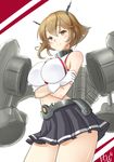  black_skirt blush breasts brown_eyes brown_hair chize crossed_arms gloves headgear kantai_collection large_breasts midriff miniskirt mutsu_(kantai_collection) short_hair skirt smile solo white_gloves 