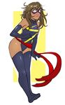  black_footwear black_gloves black_legwear blush boots brown_hair cosplay dark_skin elbow_gloves full_body gloves greenmarine highres kamala_khan leotard long_hair marvel mask ms._marvel ms._marvel_(cosplay) purple_eyes sash solo teenage thigh_boots thighhighs 