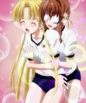  2girls asia_argento blonde_hair blush breast_grab brown_hair eyes_closed glasses grabbing high_school_dxd kiryuu_aika long_hair multiple_girls open_mouth shorts smile sport standing stitched yuri 