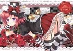  bow checkerboard_cookie checkered checkered_hat circle_name cookie cup elbow_gloves fingerless_gloves flower food fork frilled_skirt frills garter_straps gloves happy_birthday hat hat_bow key looking_at_viewer love_live! love_live!_school_idol_project nishikino_maki plaid plaid_skirt purple_eyes red_flower red_hair red_rose rose sakurai_makoto_(custom_size) shirt shoes skirt solo spoon striped striped_legwear tag teacup thighhighs 