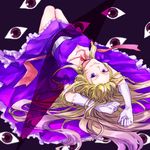 blonde_hair breasts choker cleavage corset dress elbow_gloves eyes frilled_dress frills gloves large_breasts long_hair looking_at_viewer lying on_back purple_background purple_dress purple_eyes ribbon ribbon_choker shi_megumi simple_background smile solo touhou very_long_hair white_gloves yakumo_yukari 