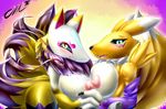  anthro areola blush breasts canine claws close-up clothing crossover digimon female female/female fox fur gloves hand_holding kyuubi_(youkai_watch) looking_at_viewer mammal nipples nude open_mouth renamon sharp_claws sharp_teeth smile tailzkim teeth tongue youkai_watch 