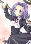  blush chize dress hair_intakes kantai_collection looking_at_viewer mechanical_halo purple_eyes purple_hair short_hair smile solo tatsuta_(kantai_collection) 