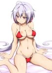  ahoge arm_support bare_legs barefoot bikini blush breasts cleavage collarbone embarrassed fujikawa_daichi large_breasts lavender_hair leaning_back long_hair looking_away low_twintails md5_mismatch navel purple_eyes red_bikini senki_zesshou_symphogear shiny shiny_skin sitting skindentation solo strap_gap swimsuit twintails very_long_hair wariza yukine_chris 