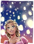  blonde_hair braid breasts dress face fireflies flower glowing green_eyes hair_flower hair_ornament lips long_hair medium_breasts night night_sky nose okada_(hoooojicha) pink_dress puffy_sleeves rapunzel rapunzel_(disney) single_braid sky smile solo 