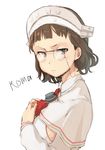  brown_eyes brown_hair capelet character_name glasses hands_on_own_chest higure jitome kantai_collection maid_headdress pince-nez roma_(kantai_collection) short_hair simple_background solo upper_body white_background 
