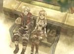  1girl bench blonde_hair fiorun food green_eyes kutta sandwich shulk sitting xenoblade_(series) xenoblade_1 