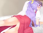  bad_id bad_pixiv_id bed belt blush bow hair_bow lavender_eyes lavender_hair long_hair lying on_bed on_stomach ponytail septet_(zrca_janne) solo touhou watatsuki_no_yorihime 