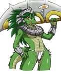  2014 anthro armor bone breasts camel_toe claws clothed clothing collar dragon female food green_hair green_scales hair helmet hungry licking licking_lips long_hair looking_at_viewer navel open_mouth plain_background red_eyes scalie skimpy skykain slit_pupils solo teeth thought_bubble tongue tongue_out unconvincing_armor underwear weapon white_background 