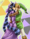  ahoge belt black_hair blush boots bracelet brown_hair cowboy_shot edo-sama green_eyes hair_over_eyes hat highres hug imminent_kiss jewelry knee_boots link male_focus multiple_boys open_mouth pantyhose pointy_ears ravio spoilers the_legend_of_zelda the_legend_of_zelda:_a_link_between_worlds tunic yaoi 
