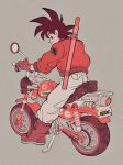  1boy 2018 belt black_eyes black_hair boots capsule_corp clothes_writing copyright_name dragon_ball dragon_ball_(object) dragonball_z full_body gloves grey_background ground_vehicle happy highres jacket license_plate looking_back majin_buu male_focus mirror motor_vehicle motorcycle nyoibo on_motorcycle profile riding short_hair simple_background smile son_gokuu spiked_hair star sticker uzuta vehicle 