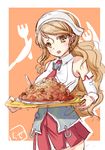  brown_eyes brown_hair chize detached_sleeves food kantai_collection littorio_(kantai_collection) long_hair looking_at_viewer miniskirt open_mouth pasta red_skirt sketch skirt solo spaghetti 