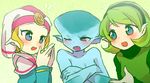 3girls bald bald_girl blonde_hair blue_eyes blue_skin blush breasts cleavage covering_mouth crossed_arms facial_mark fang fins fish_girl forehead_mark green_hair green_hairband hairband head_fins headdress medium_breasts monster_girl multiple_girls one_eye_closed open_mouth pointy_ears princess_ruto princess_zelda purple_eyes saria short_hair the_legend_of_zelda the_legend_of_zelda:_ocarina_of_time triforce ukata young_zelda younger zora 