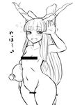  bar_censor breasts censored cowboy_shot drunk fang gourd greyscale horn_ribbon horns ibuki_suika jadf monochrome navel nude ribbon small_breasts solo thick_thighs thighs touhou translation_request waving wide_hips 