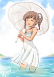  :d ^_^ blush brown_hair chize closed_eyes day dress i-401_(kantai_collection) kantai_collection ocean open_mouth short_hair sketch smile solo sundress umbrella wading water white_dress 