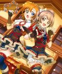  bad_id bad_pixiv_id blue_eyes brown_eyes brown_hair costume_request indoors instrument kousaka_honoka love_live! love_live!_school_idol_project minami_kotori mippii108 multiple_girls music one_side_up orange_hair singing tambourine thighhighs winter_clothes zettai_ryouiki 