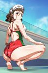  ass barefoot blush brown_eyes brown_hair competition_swimsuit flag_print glasses hairband italian_flag italy kantai_collection monteriakitto one-piece_swimsuit pince-nez print_swimsuit roma_(kantai_collection) short_hair solo squatting swimsuit 