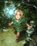 blonde_hair blue_eyes boots edo-sama fairy fairy_wings forest from_above glowing hat highres knee_boots link nature navi pointy_ears sparkle the_legend_of_zelda the_legend_of_zelda:_ocarina_of_time tunic wings 
