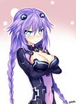  blue_eyes blush braid breasts cleavage covered_navel crossed_arms ddg160 hair_ornament highres long_hair looking_at_viewer medium_breasts neptune_(series) purple_hair purple_heart solo twin_braids 