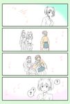  4koma ? asphyxiation blue_eyes brown_hair choke_hold comic commentary_request hair_ribbon highres hiryuu_(kantai_collection) japanese_clothes kantai_collection multiple_girls open_mouth partially_colored ribbon short_hair shoukaku_(kantai_collection) side_ponytail skirt souryuu_(kantai_collection) spoken_question_mark strangling twintails yatsuhashi_kyouto zuikaku_(kantai_collection) 