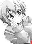  cardigan glasses gofu greyscale hands_on_own_face kita_high_school_uniform monochrome nagato_yuki nagato_yuki-chan_no_shoushitsu school_uniform serafuku short_hair solo spot_color suzumiya_haruhi_no_shoushitsu suzumiya_haruhi_no_yuuutsu 