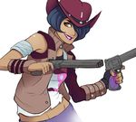  1girl bandaged_arm black_hair borderlands borderlands_the_presequel cowboy_hat dark_skin dual_wielding flipped_hair greenmarine grin gun hair_over_one_eye handgun hat lips lipstick makeup midriff mismatched_sleeves nail_polish nisha open_clothes open_vest orange_eyes pink_nails pistol purple_lipstick revolver short_hair single_glove smile solo trigger_discipline upper_body vest weapon 