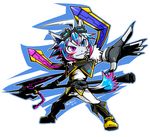  2011 anthro belt blue_eyes blue_fur blue_hair boots chibi claws clothed clothing english_text eyewear feline fur gloves goggles hair heterochromia jumpsuit male mammal plain_background polearm purple_eyes purple_fur purple_hair skykain solo text weapon white_background white_fur white_hair 